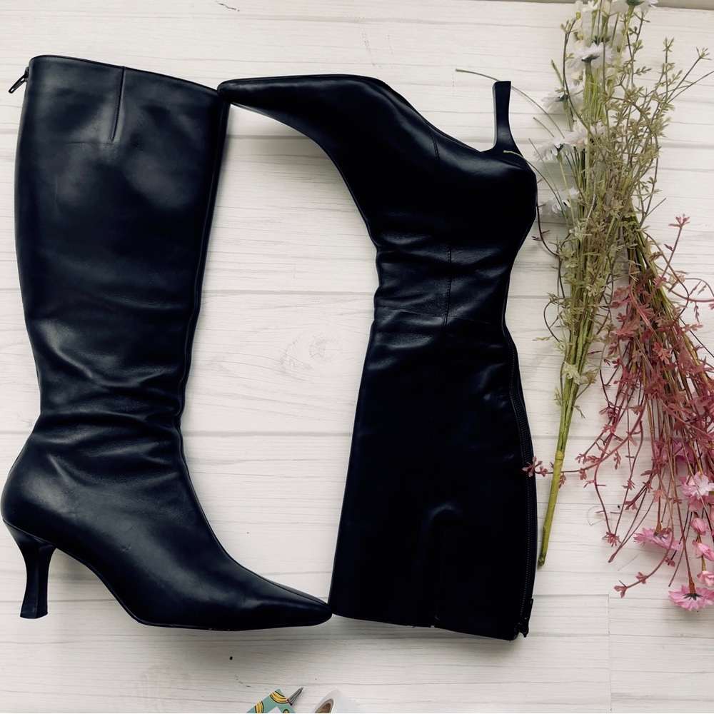 Arturo Chiang Black Leather Almond Toe Knee high Boots 6.5M